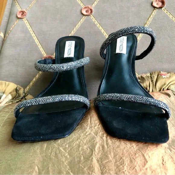 Sold Steve Madden Sandals Slides with High Heel in Silver Sparkle & Black (7.5) - Picture 5 of 7